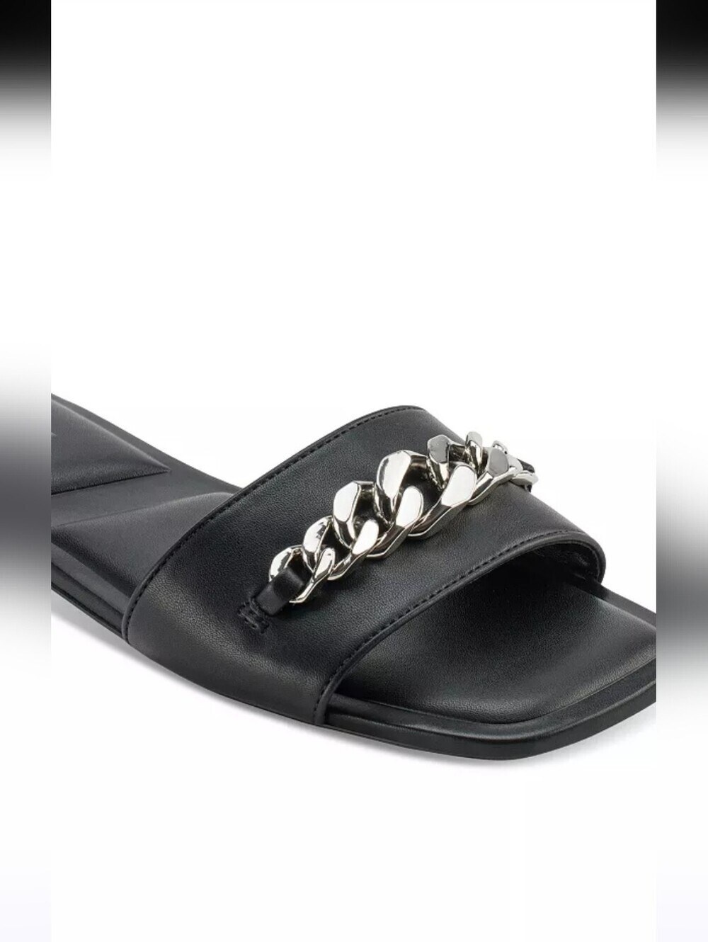 DKNY NEW IN BOX BLACK FLAT SLIDE SUMMER SANDALS W/SILVER CHAIN